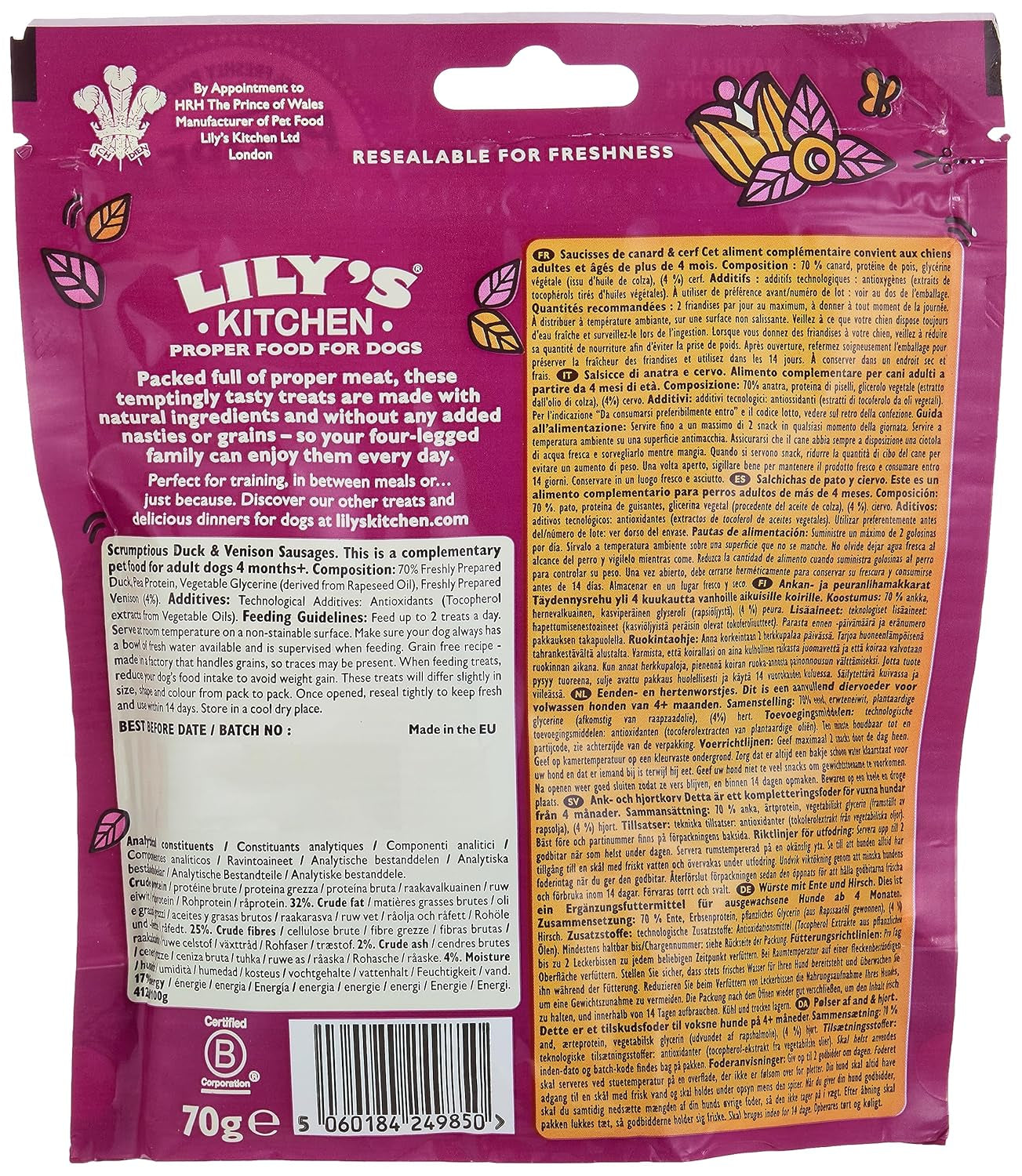 Duck & Venison Sausages for Dogs, 70 GR