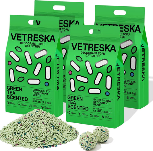 Tofu Cat Litter, Natural Kitty Litter Strong Clumping Flushable Cat Litter Pellets Ultra Absorbent, Odor Control, Dust-Free, Low Tracking Eco-Friendly Tofu Litter, Greentea(5.5Lb×4Bags)