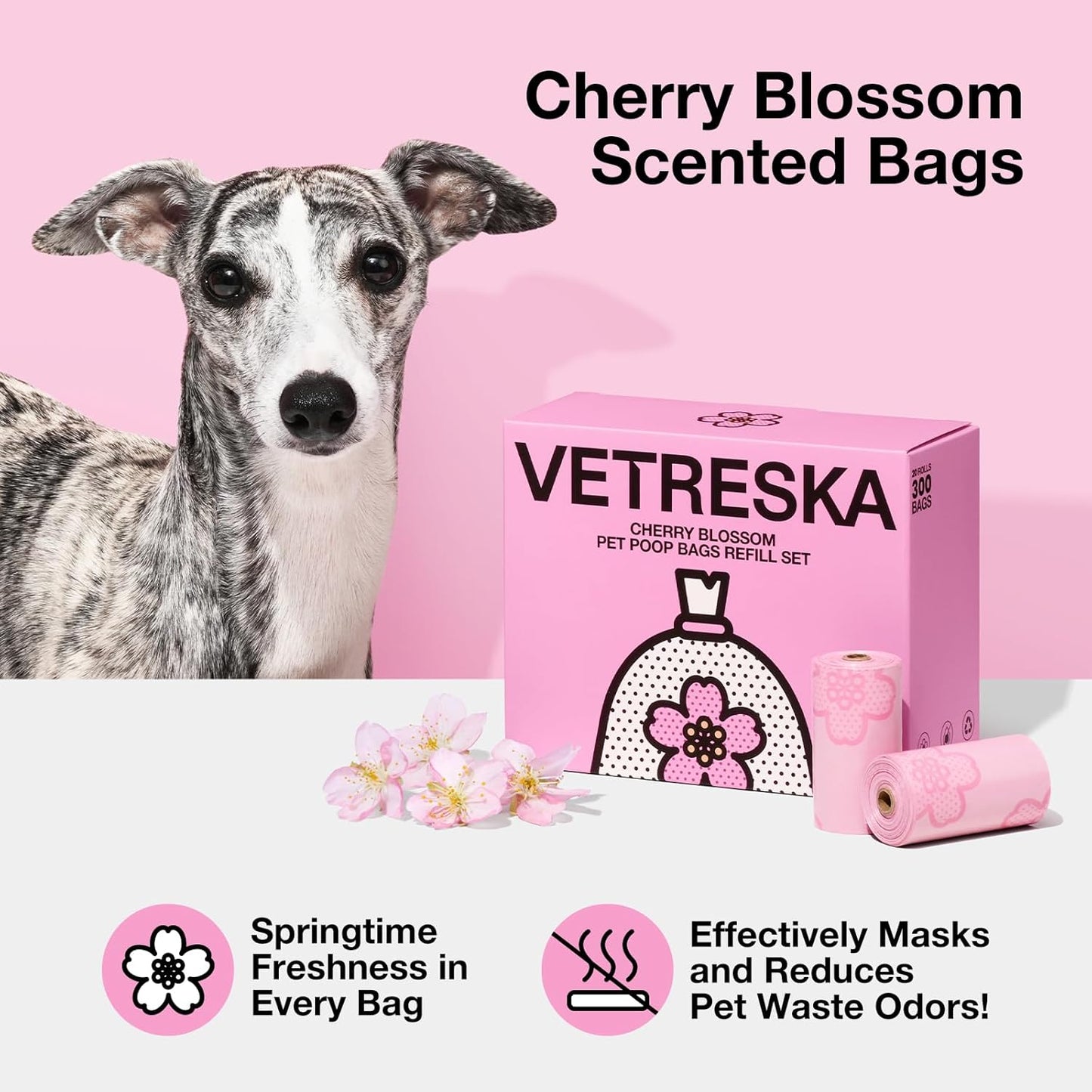 Cherry Blossom Scented Dog Poop Bags, Leak Proof, Extra Thick and Large Pet Waste Bags for Dog Walking and Cat Litter, 20 Refill Rolls, 300 Bags, Pink