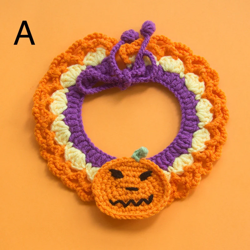 Halloween Costume, Handmade Knitted Crochet Pet Collar, Adjustable Dog and Cat Neckwear, Pumpkin Collar, Ghost Collar, Holiday Gifts
