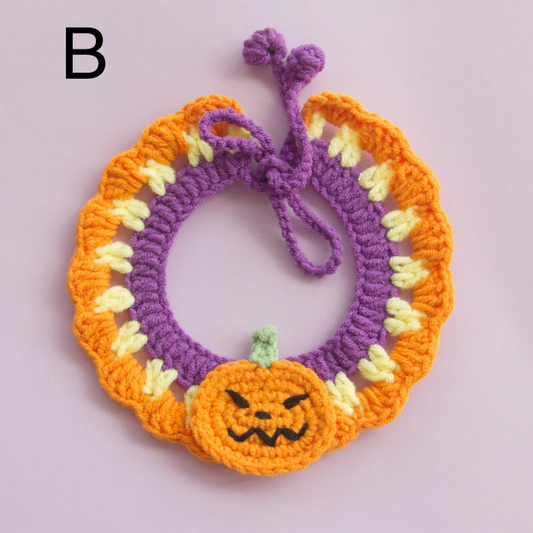 Halloween Costume, Handmade Knitted Crochet Pet Collar, Adjustable Dog and Cat Neckwear, Pumpkin Collar, Ghost Collar, Holiday Gifts