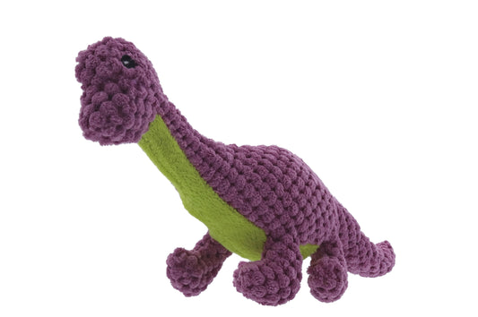 Jurassic Cord Crew Brachiosaurus Dog Toy – Durable Squeaky Plush for Small Dogs, Purple Dinosaur Chew & Tug Toy