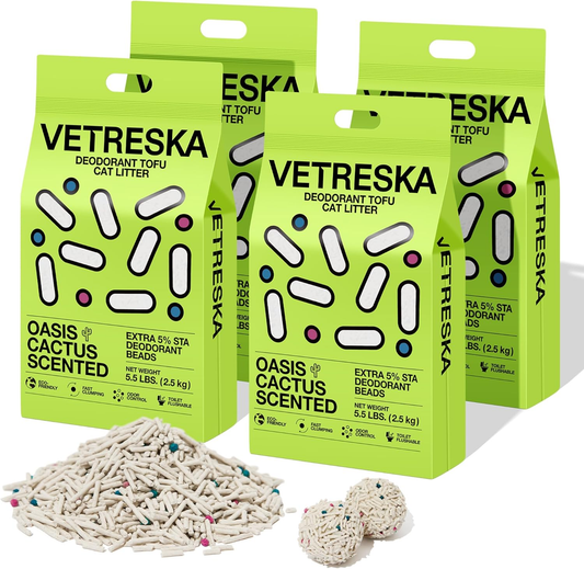 Tofu Cat Litter, Natural Strong Clumping Flushable Litter Pellets, Ultra Water Absorbent Deodorant Tofu Litter, Dust-Free Low Tracking Cat Litter, Cactus(5.5Lb×4Bags)