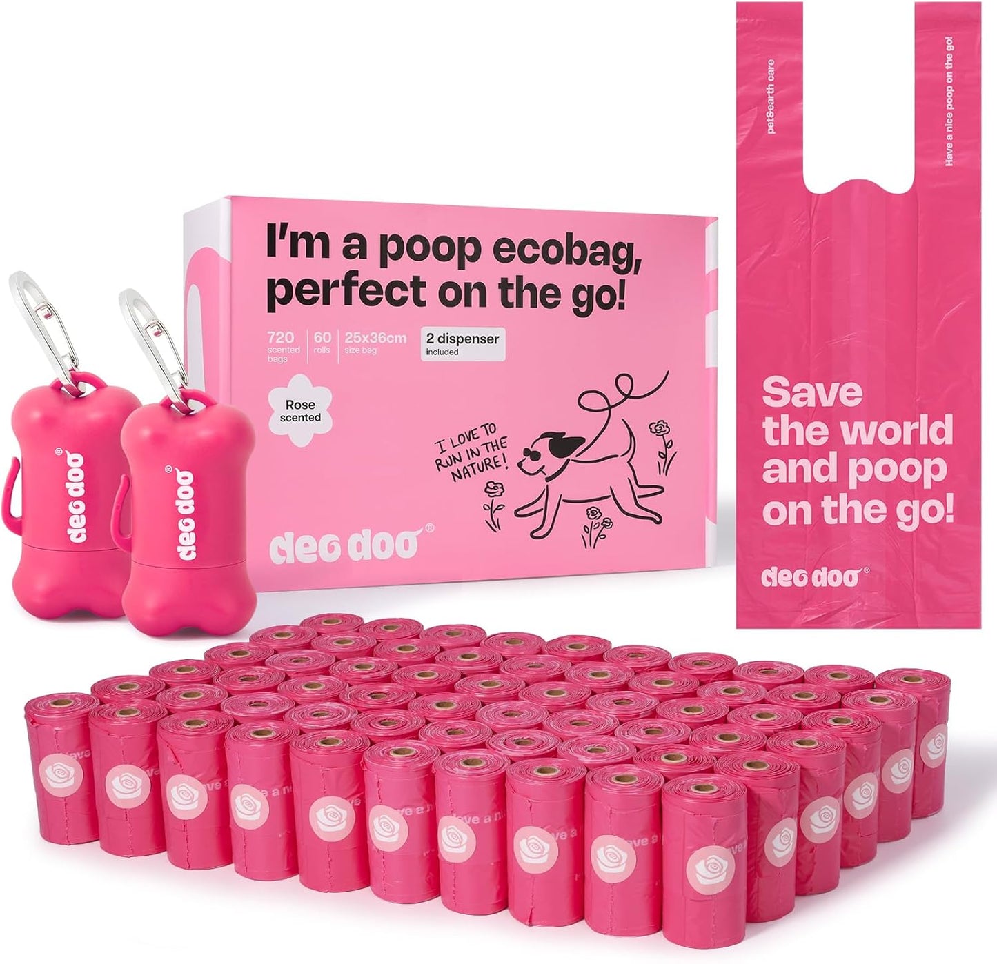 Dog Poop Bags with Handles 60 Rolls 720 Counts Big Sizes Leak Proof and Extra Thick Waste Bags Refill Rolls for Walking Small Medium Large Dogs Cats Litter with 2 Dispensers Rose Scented