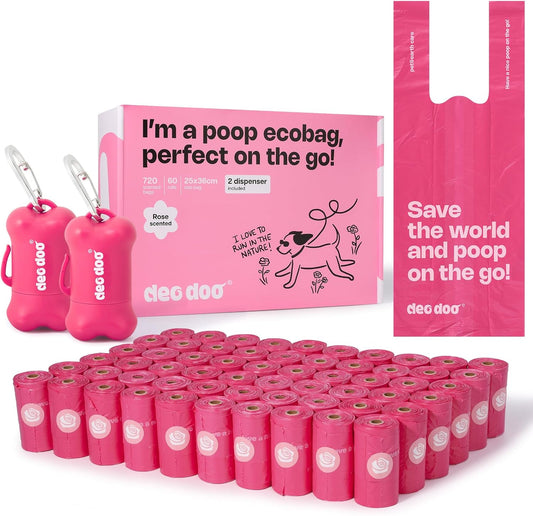 Dog Poop Bags with Handles 60 Rolls 720 Counts Big Sizes Leak Proof and Extra Thick Waste Bags Refill Rolls for Walking Small Medium Large Dogs Cats Litter with 2 Dispensers Rose Scented