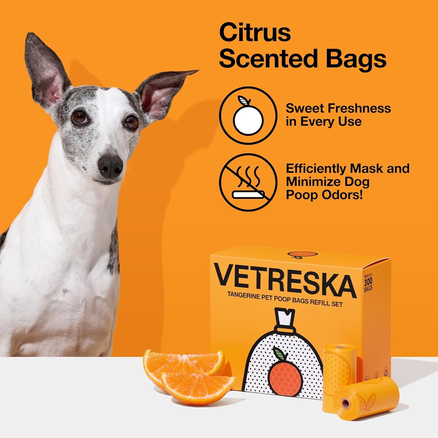 Citrus Scented Dog Poop Bags, Leak Proof, Extra Thick and Large Pet Waste Bags for Dogs Walking, Cat Litter and Babies' Diaper, 300 Count Bags (20 Refill Rolls), Orange