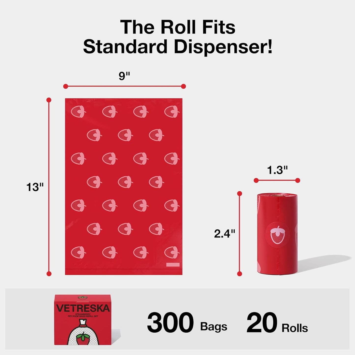 Strawberry Scented Dog Poop Bags, Leak Proof, Extra Thick and Large Pet Waste Bags for Dogs Walking and Cat Litter, 20 Refill Rolls, 300 Bags, Red