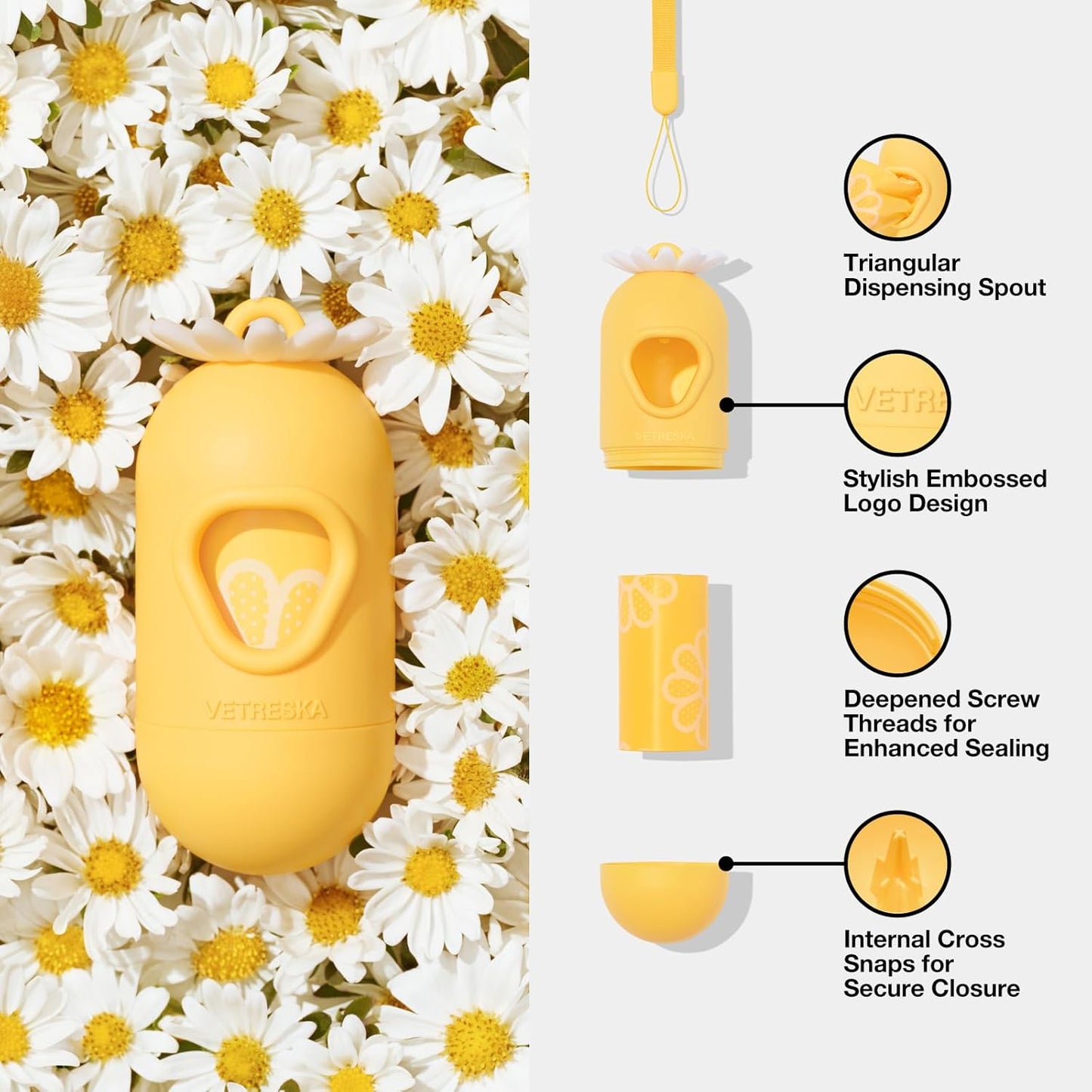 Dog Poop Bag Dispenser with Daisy Scented Waste Bags Leak-Proof and Extra Thick Poop Bags for Dog Walking and Cat Litter 1 Holder and 105 Bags (7 Refill Rolls)