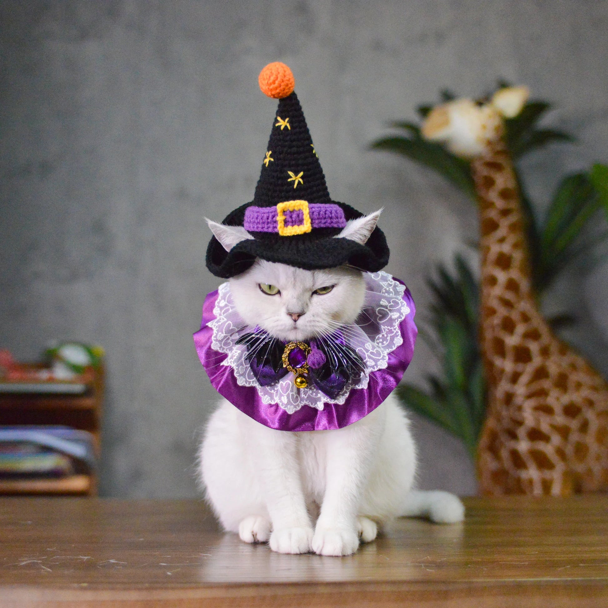 Enchanting Christmas Pet Costume Set - Witch Hat and Purple Queen Collarcat Hat Halloween|Cat Hat Halloween|Knit Cat Hats