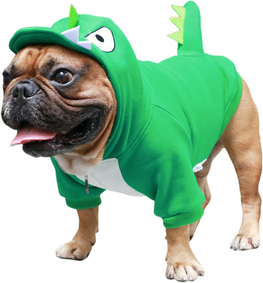 I Am a French Bulldog Dog Dinosaur Halloween Costumes Clothes Sweater Cute Funny for Small Dogs Cold Weather Winter Coats Hoodies Frenchie English Pug Pitbull Corgi Puppy - Green/Medium