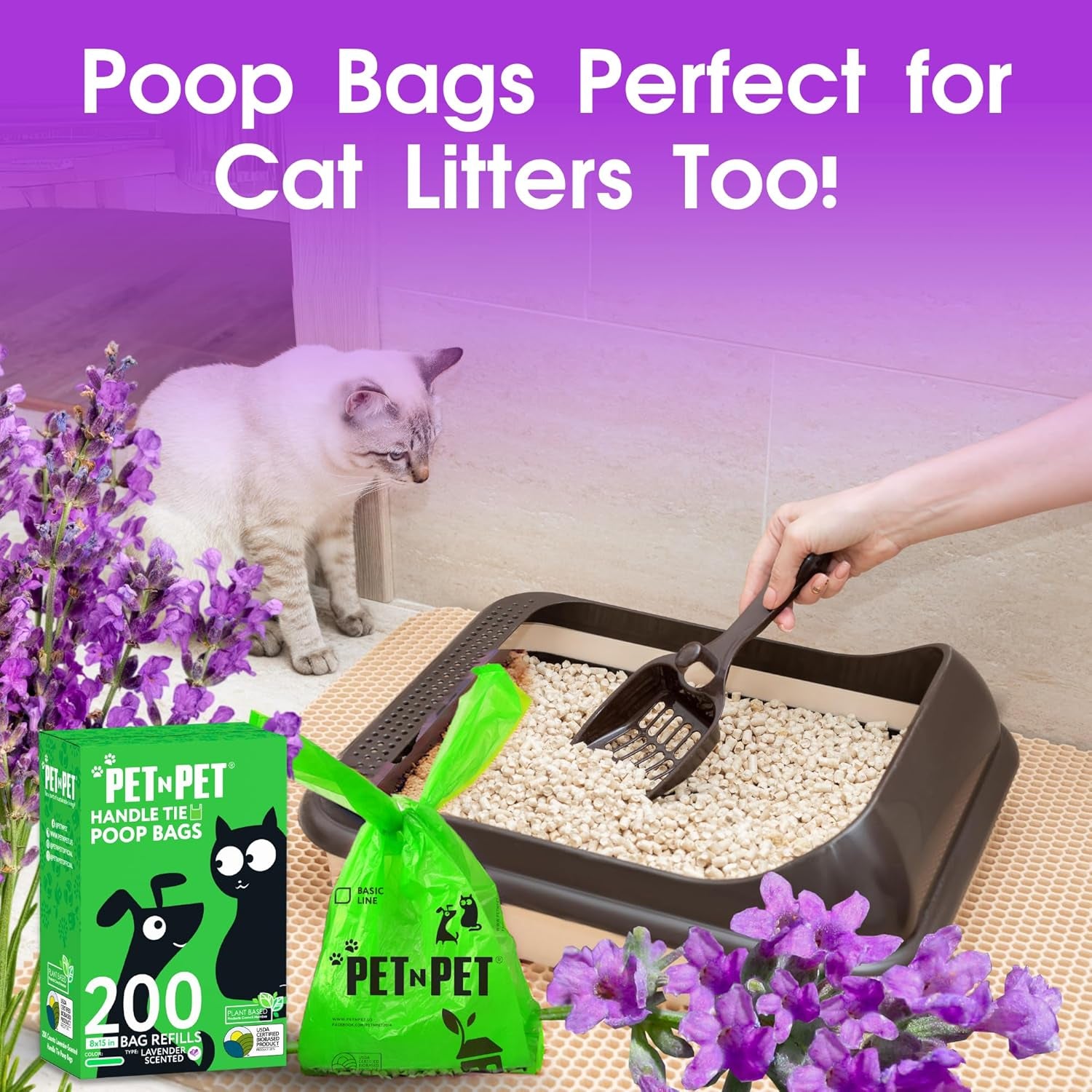 200 Counts Lavender Scented Dog Poop Bags Rolls with Tie Handles, 38% Plant Based & 62% PE Poop Bags for Dogs, Extra-Thick Doggie Poo Bag, Pet Waste Bag
