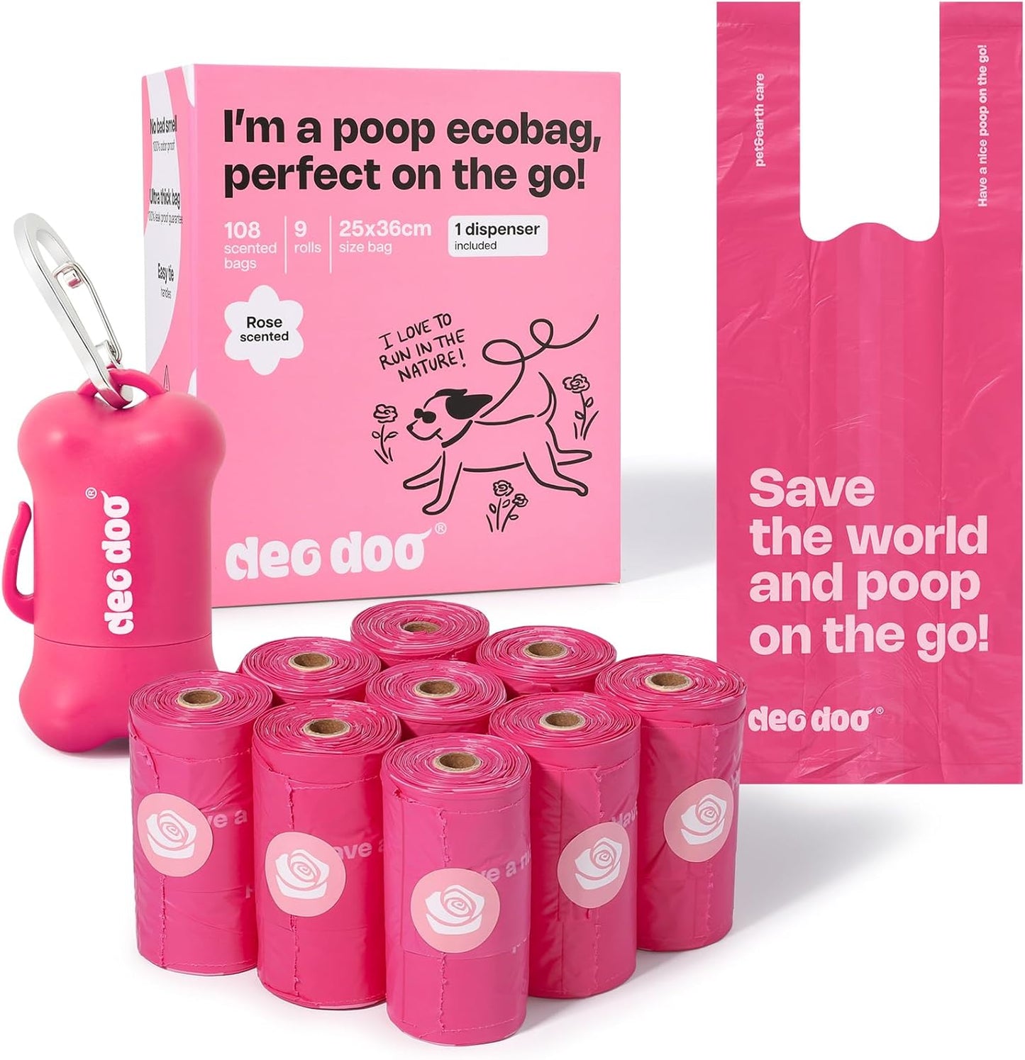 Dog Poop Bags with Handles 9 Rolls 108 Counts Big Sizes Leak Proof and Extra Thick Waste Bags Refill Rolls for Walking Small Medium Large Dogs Cats Litter with Holder Rose Scented