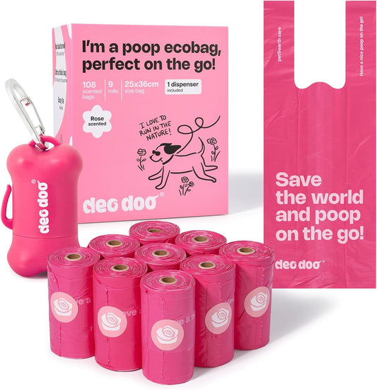 Dog Poop Bags with Handles 9 Rolls 108 Counts Big Sizes Leak Proof and Extra Thick Waste Bags Refill Rolls for Walking Small Medium Large Dogs Cats Litter with Holder Rose Scented