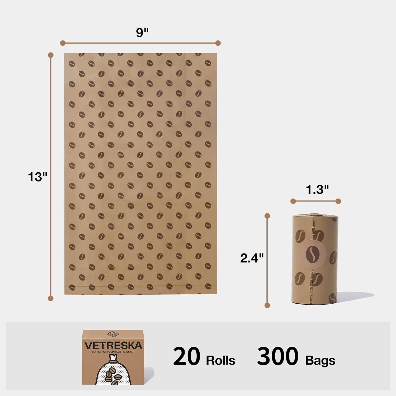 Dog Poop Bags, Coffee Scented Waste Bags, Leak Proof, Extra Thick and Large Dog Pet Bags for Dogs and Cats - 300 Count (20 Refill Rolls)