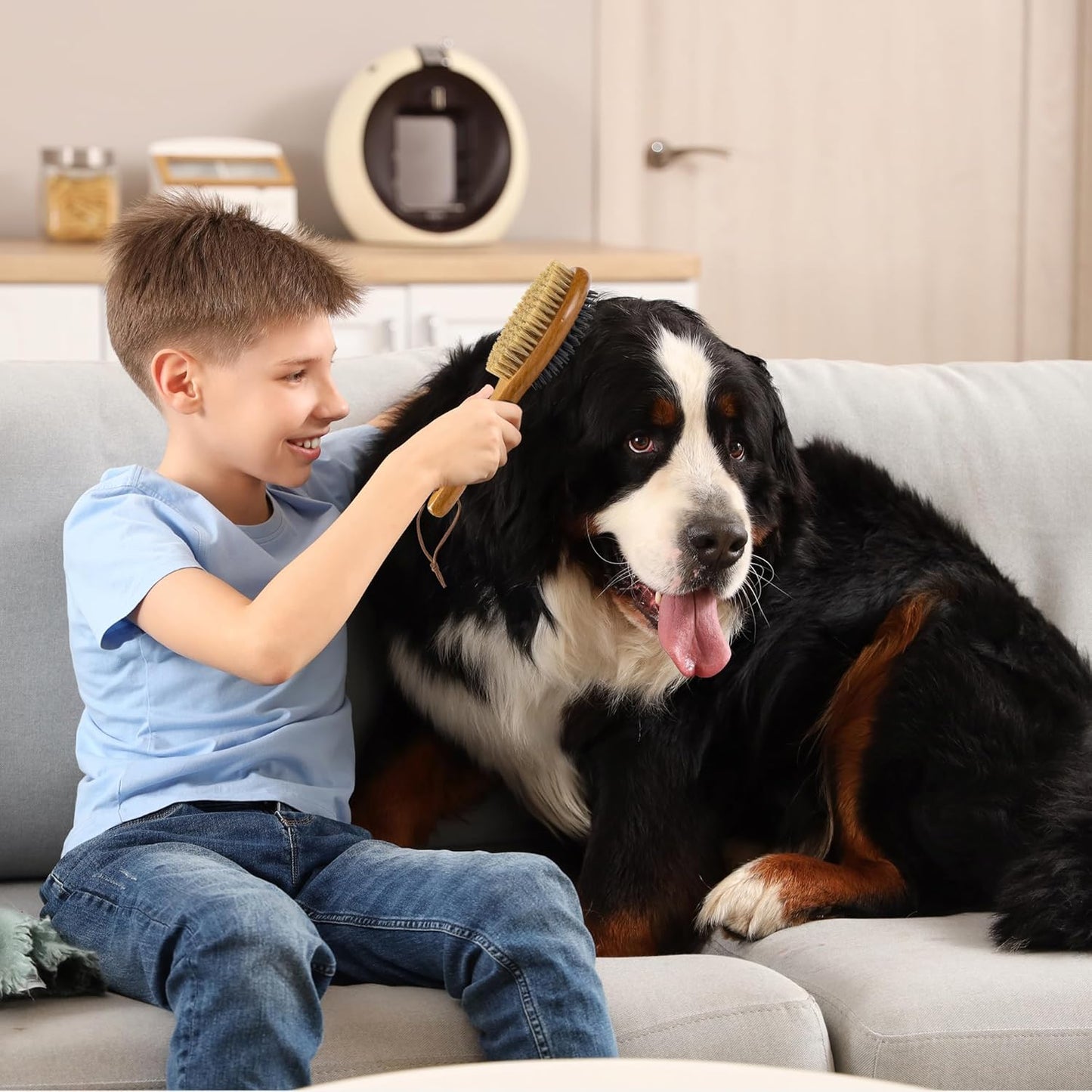 Short Hair Dog & Cat Deshedding Brush - Double Sided Grooming Tool with Silicone Massage & Bristle Sides - Removes Loose Fur & Dirt - Wood Handle