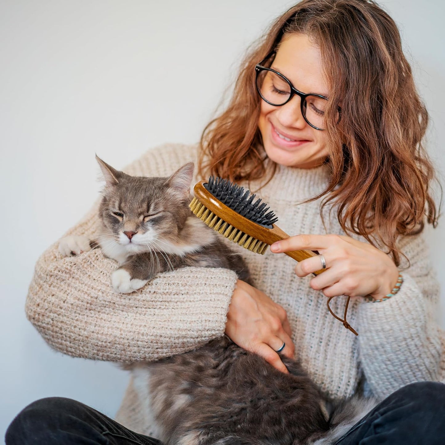 Short Hair Dog & Cat Deshedding Brush - Double Sided Grooming Tool with Silicone Massage & Bristle Sides - Removes Loose Fur & Dirt - Wood Handle