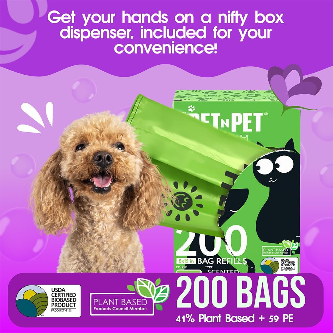 200 Counts Lavender Scented Dog Poop Bags Rolls with Tie Handles, 38% Plant Based & 62% PE Poop Bags for Dogs, Extra-Thick Doggie Poo Bag, Pet Waste Bag