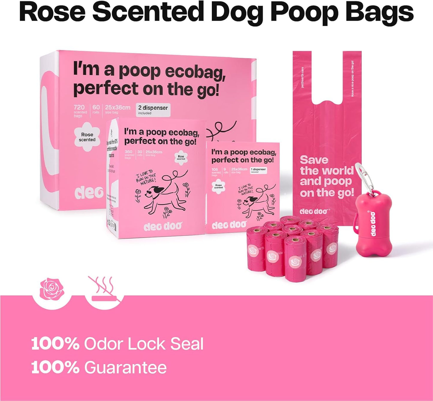 Dog Poop Bags with Handles 9 Rolls 108 Counts Big Sizes Leak Proof and Extra Thick Waste Bags Refill Rolls for Walking Small Medium Large Dogs Cats Litter with Holder Rose Scented