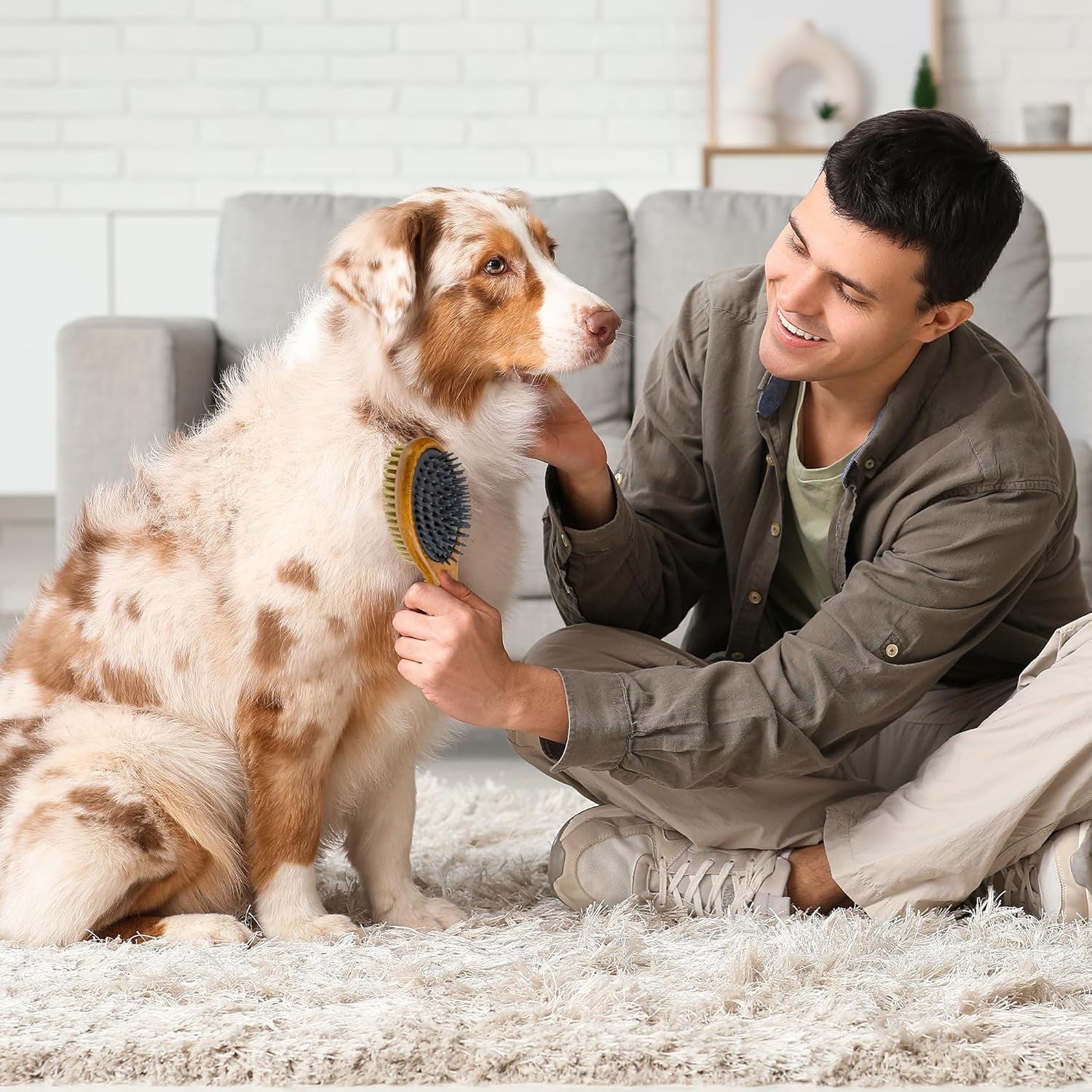 Short Hair Dog & Cat Deshedding Brush - Double Sided Grooming Tool with Silicone Massage & Bristle Sides - Removes Loose Fur & Dirt - Wood Handle
