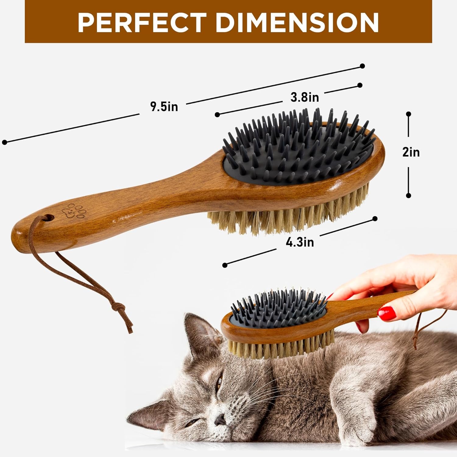 Short Hair Dog & Cat Deshedding Brush - Double Sided Grooming Tool with Silicone Massage & Bristle Sides - Removes Loose Fur & Dirt - Wood Handle