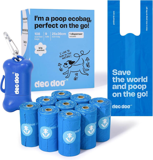 Dog Poop Bags with Handles 9 Rolls 108 Counts Big Sizes Leak Proof and Extra Thick Waste Bags Refill Rolls for Walking Small Medium Large Dogs Cats Litter with Holder Iris Scented
