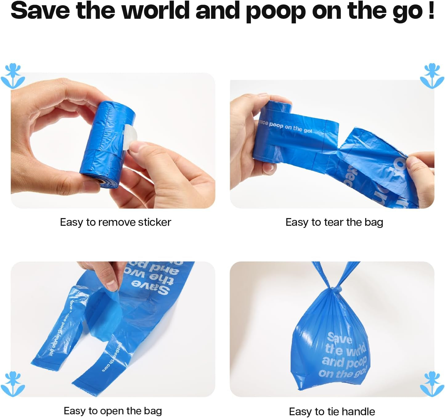 Dog Poop Bags with Handles 60 Rolls 720 Counts Big Sizes Leak Proof and Extra Thick Waste Bags Refill Rolls for Walking Small Medium Large Dogs Cats Litter with 2 Dispensers Iris Scented