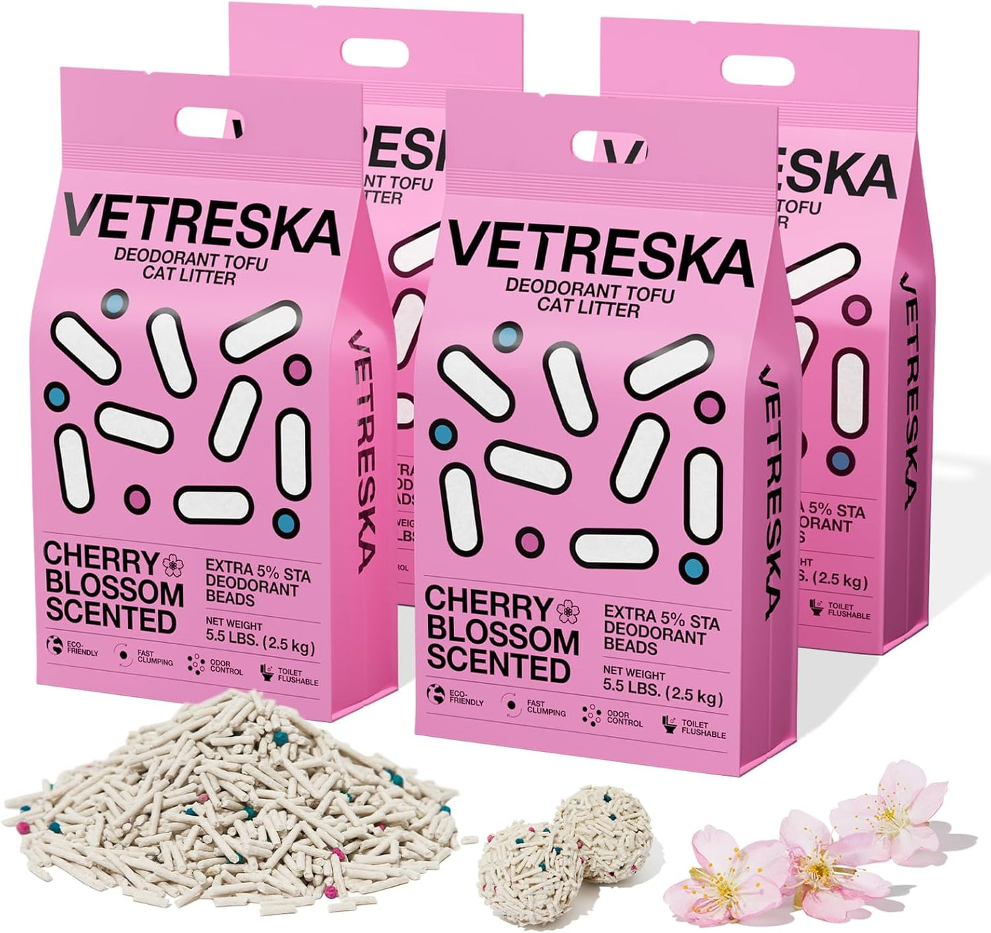 Cherry Blossom Tofu Cat Litter,Natural Pretty Kitty Litter Strong Clumping Flushable Cat Litter Pellets Ultra Absorbent,Dust-Free,Low Tracking,Deodorant Tofu Litter Compostable(5.5Lb×4Bags)