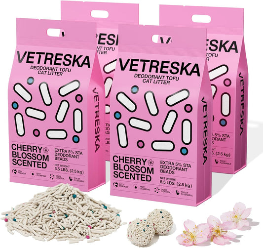 Cherry Blossom Tofu Cat Litter,Natural Pretty Kitty Litter Strong Clumping Flushable Cat Litter Pellets Ultra Absorbent,Dust-Free,Low Tracking,Deodorant Tofu Litter Compostable(5.5Lb×4Bags)