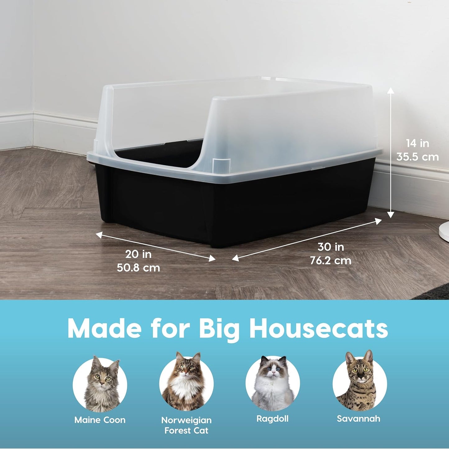 IRIS USA Xx-Large Cat Litter Box, Open Top Extra Large Litter Box for Big Cats and Multi-Cat Households, High Sided Scatter Shield, Easy to Clean, 30" L X 20" W X 14" H, Black