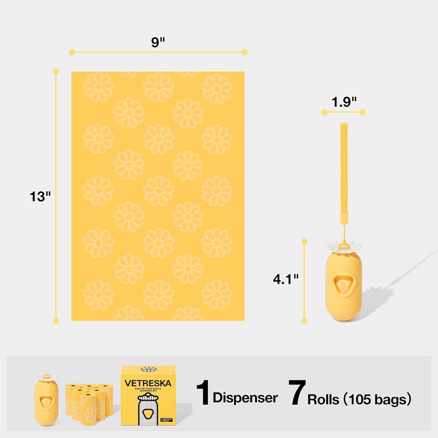 Dog Poop Bag Dispenser with Daisy Scented Waste Bags Leak-Proof and Extra Thick Poop Bags for Dog Walking and Cat Litter 1 Holder and 105 Bags (7 Refill Rolls)