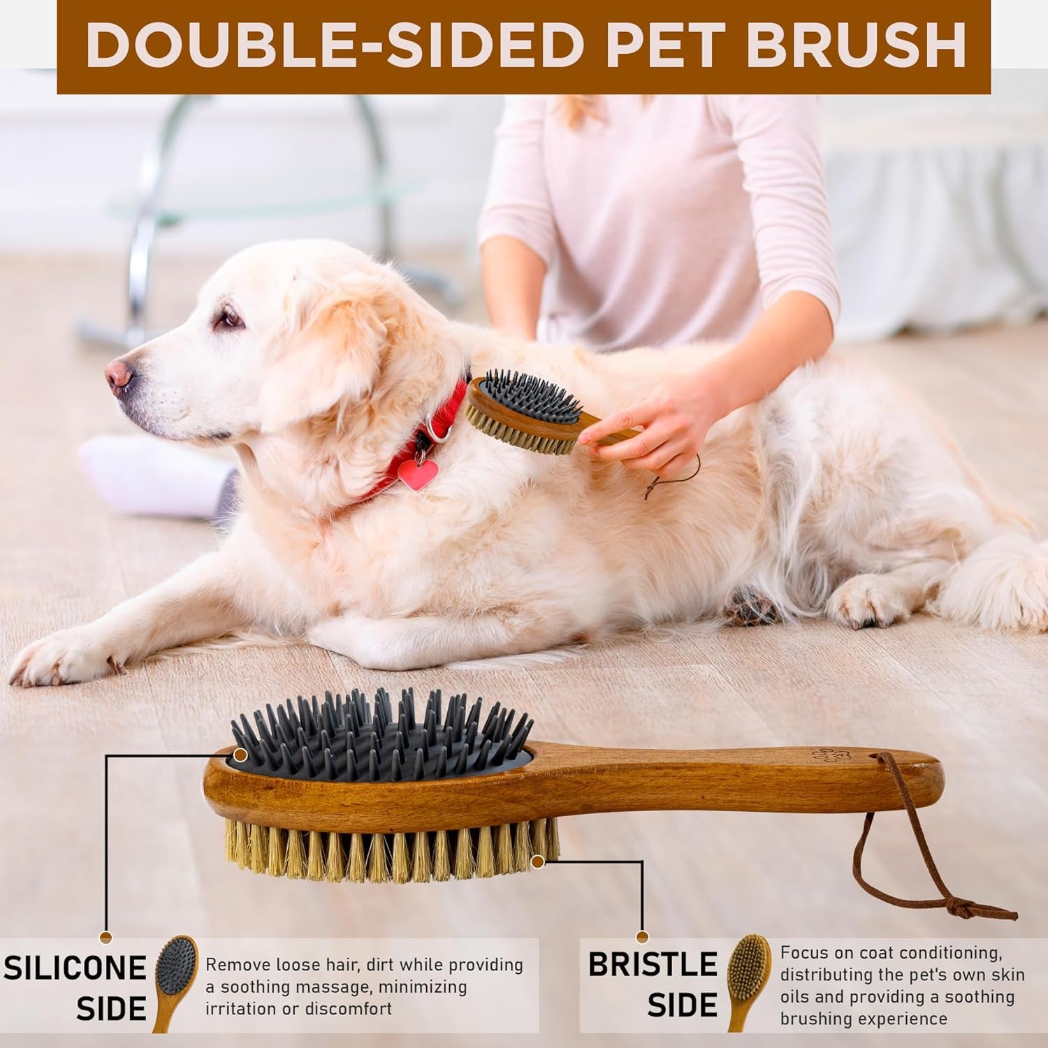 Short Hair Dog & Cat Deshedding Brush - Double Sided Grooming Tool with Silicone Massage & Bristle Sides - Removes Loose Fur & Dirt - Wood Handle