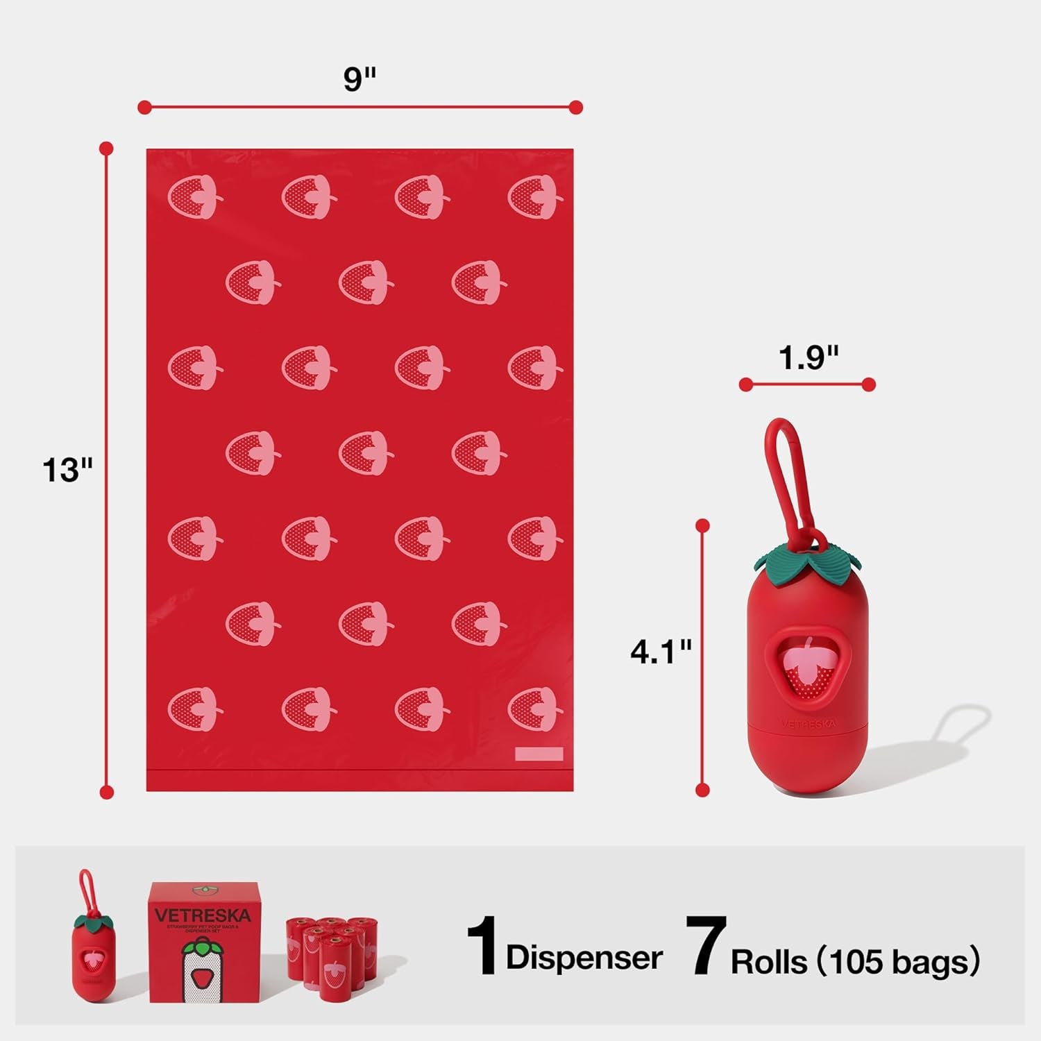 Dog Poop Bag Dispenser with Strawberry Scented Bags, Leak Proof, Extra Thick and Large Pet Waste Bags,1 Count Bag Holder and 105 Bags (7 Refill Rolls) for Walking Dog and Cats Litter, Red