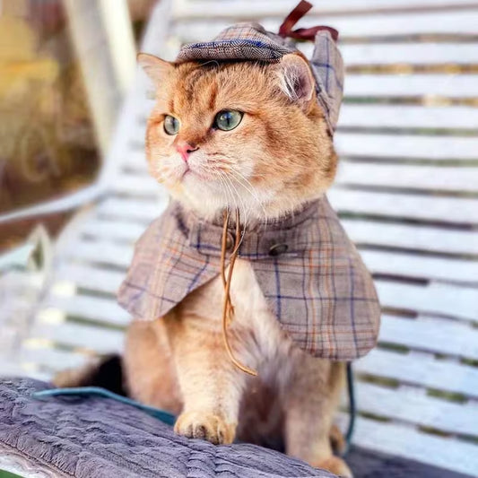 Cat Detective Costume Halloween, Sherlock Holmes Cape & Deerstalker Hat for Cats and Dogs, Pet Detective Outfit Funny Costume Party Dress Up
