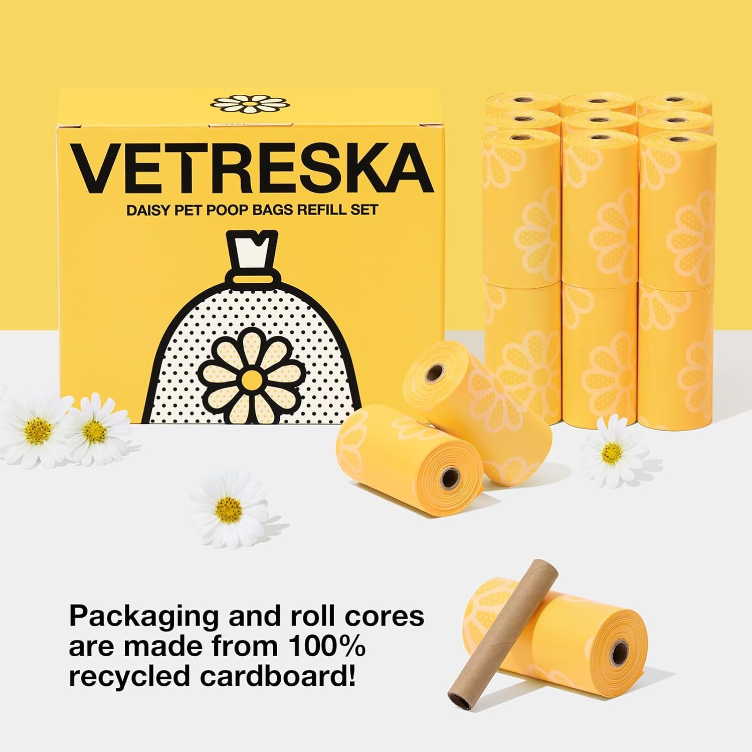 Dog Poop Bag Rolls Daisy Scented Leak-Proof Pet Waste Bags Thick and Large Trash Bags for Dog Walking 20 Refill Rolls 300 Bags