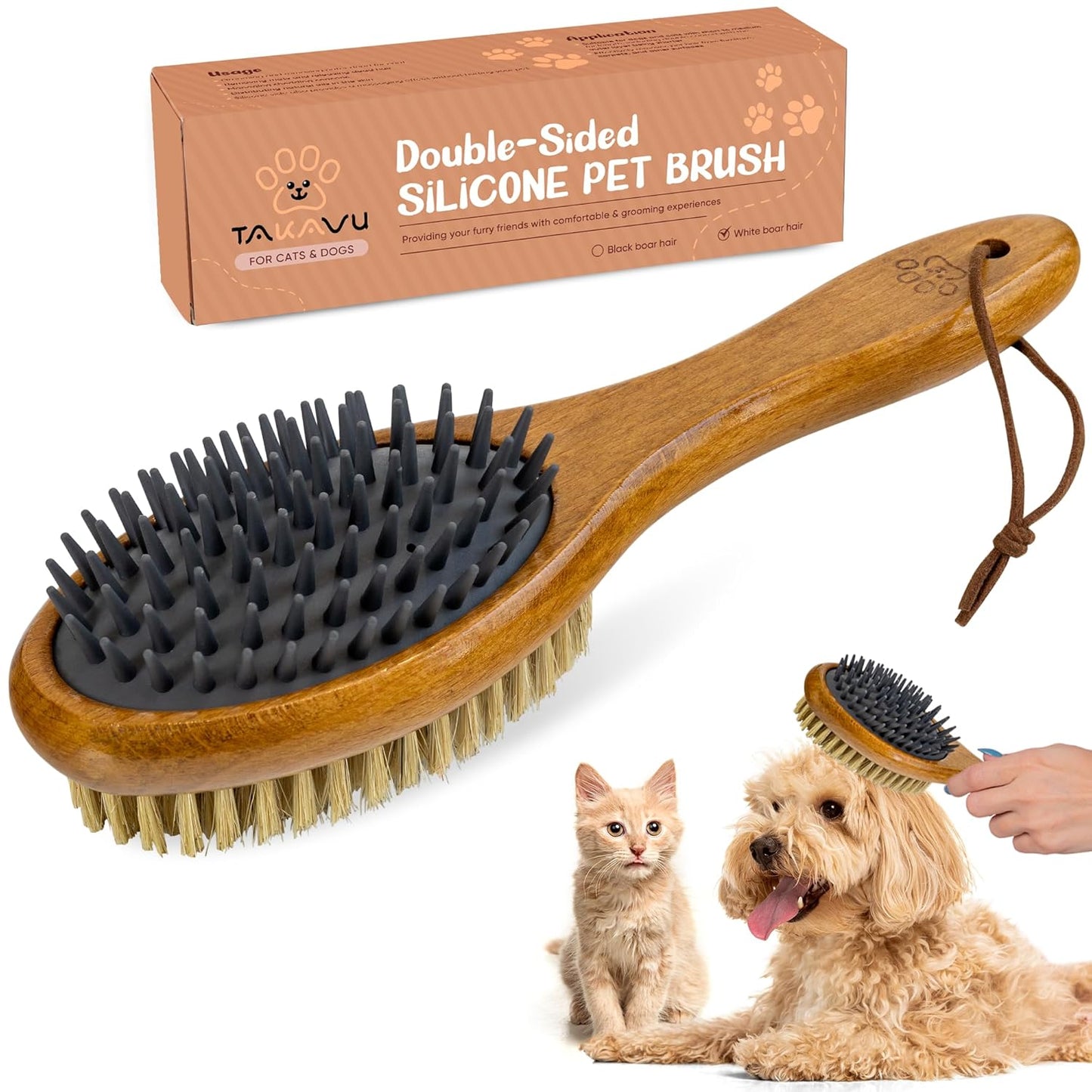 Short Hair Dog & Cat Deshedding Brush - Double Sided Grooming Tool with Silicone Massage & Bristle Sides - Removes Loose Fur & Dirt - Wood Handle