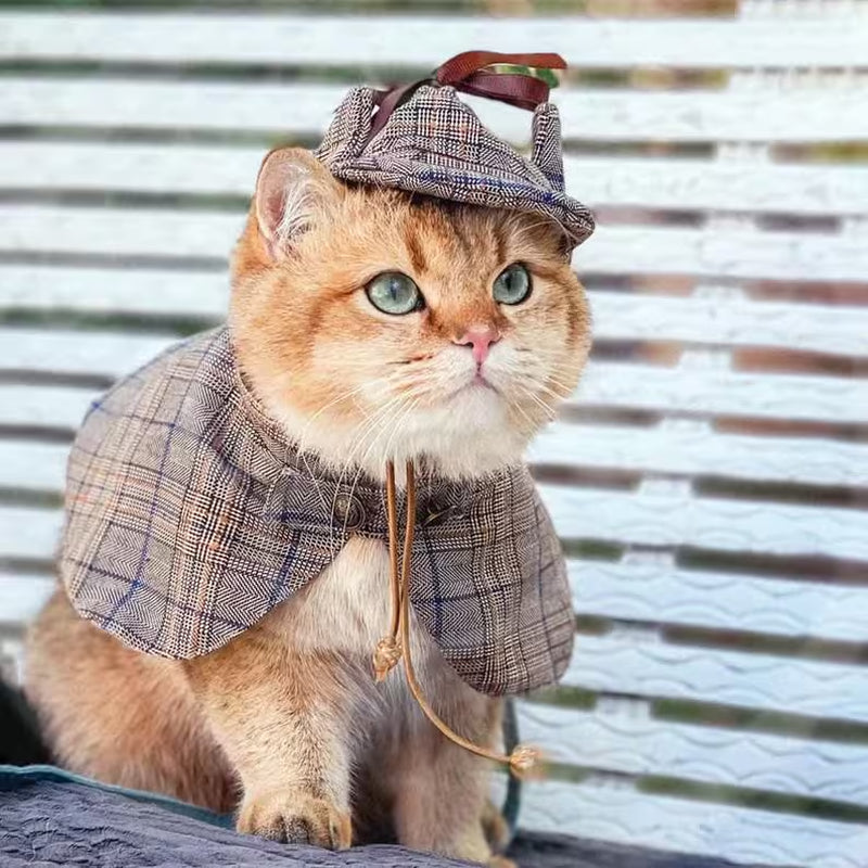 Cat Detective Costume Halloween, Sherlock Holmes Cape & Deerstalker Hat for Cats and Dogs, Pet Detective Outfit Funny Costume Party Dress Up