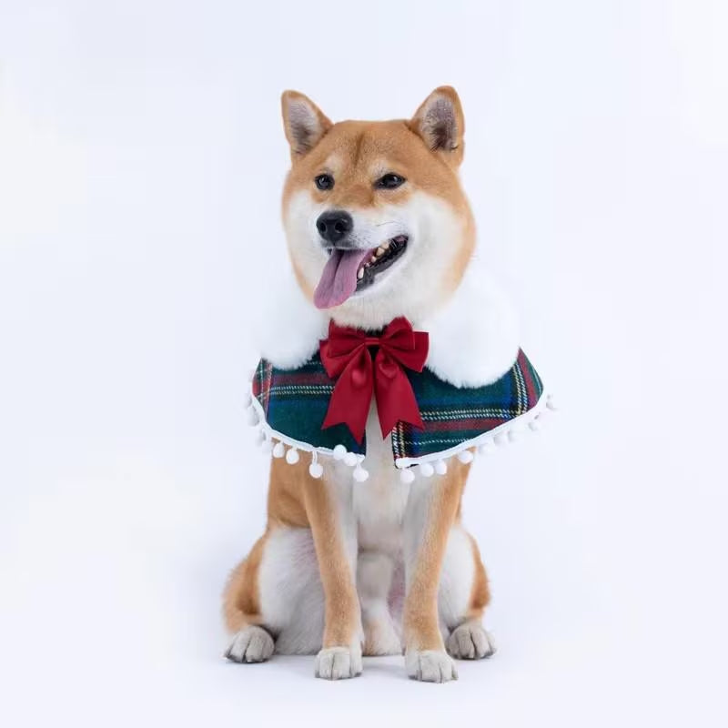 Christmas Dog Bandana with Faux Fur, Plaid Pet Cape with Bow, Holiday Dog Scarf, Cute Cat Outfit, Winter Pet Clothes, Gift for Pets
