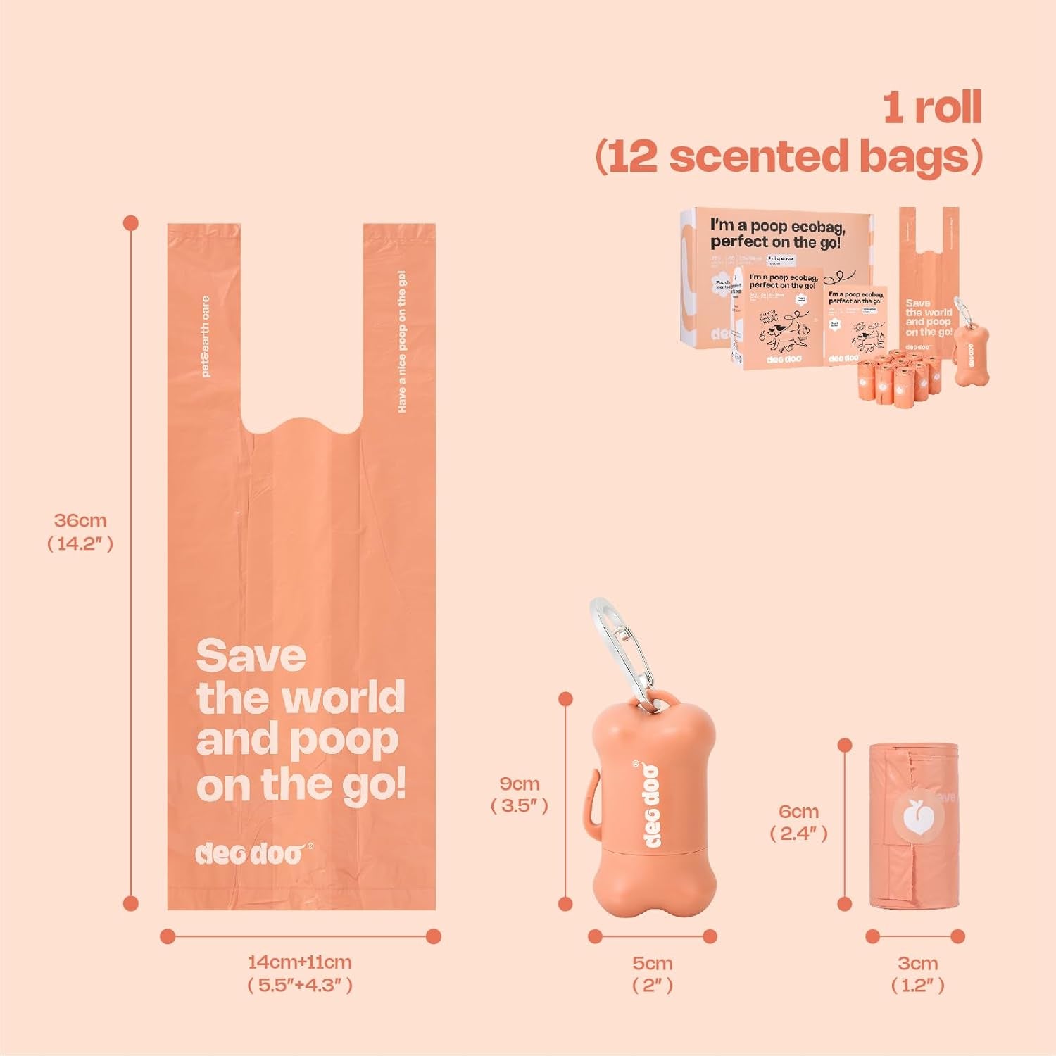 Dog Poop Bags with Handles 60 Rolls 720 Counts Big Sizes Leak Proof and Extra Thick Waste Bags Refill Rolls for Walking Small Medium Large Dogs Cats Litter with 2 Dispensers Peach Scented