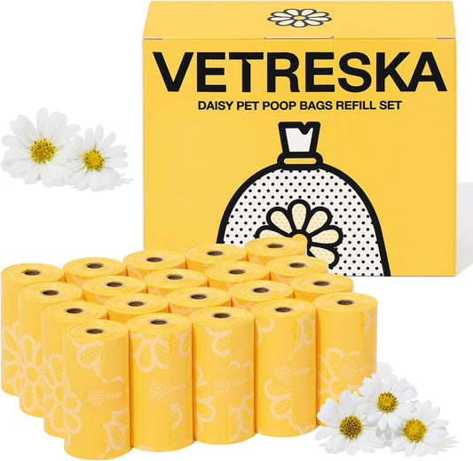 Dog Poop Bag Rolls Daisy Scented Leak-Proof Pet Waste Bags Thick and Large Trash Bags for Dog Walking 20 Refill Rolls 300 Bags