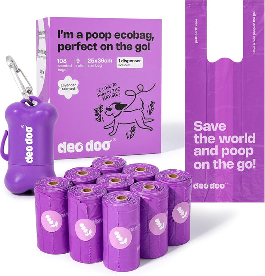 Dog Poop Bags with Handles 9 Rolls 108 Counts Big Sizes Leak Proof and Extra Thick Waste Bags Refill Rolls for Walking Small Medium Large Dogs Cats Litter with Holder Lavender Scented