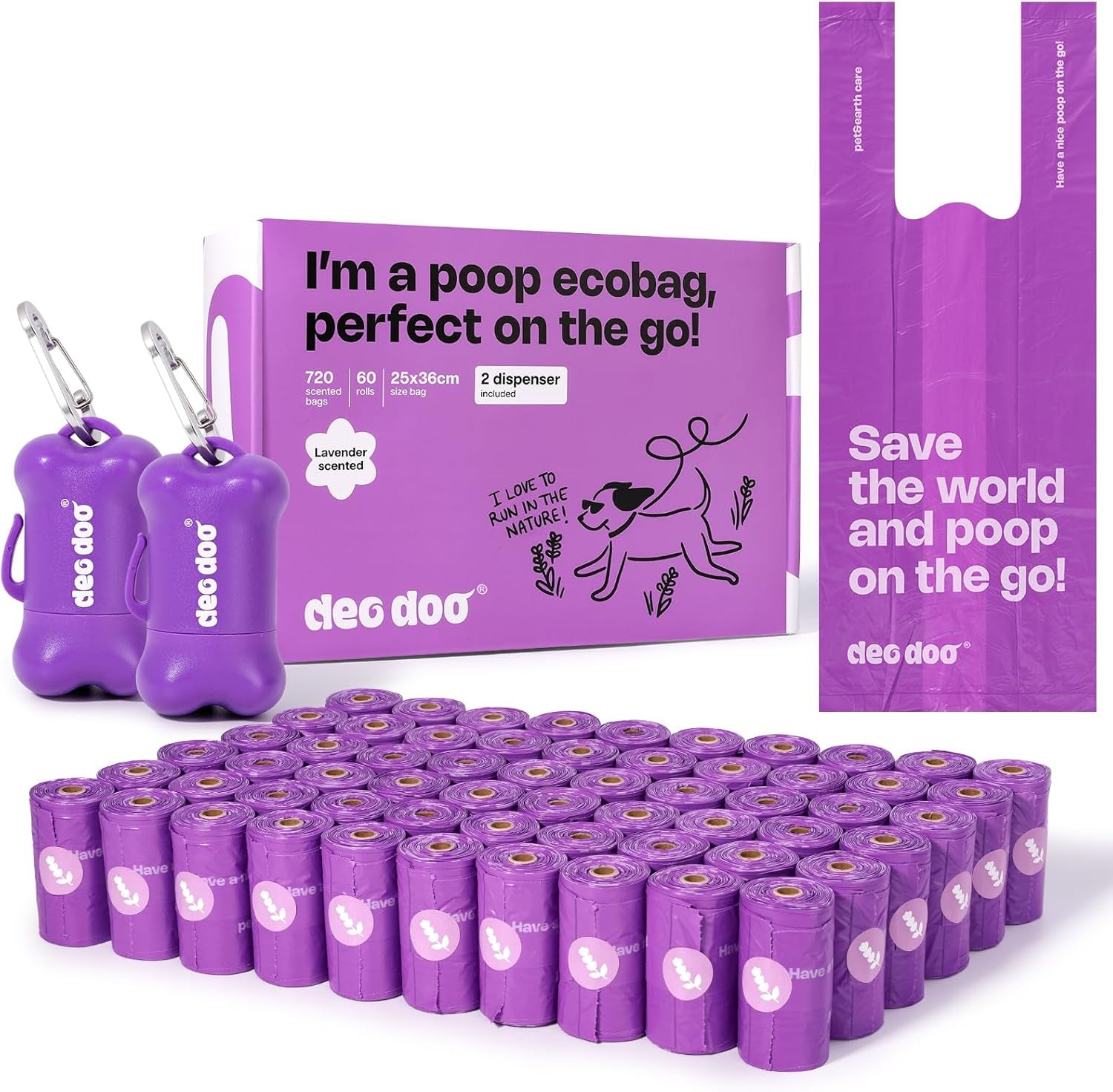 Dog Poop Bags with Handles 60 Rolls 720 Counts Big Sizes Leak Proof and Extra Thick Waste Bags Refill Rolls for Walking Small Medium Large Dogs Cats Litter with 2 Dispensers Lavender Scented