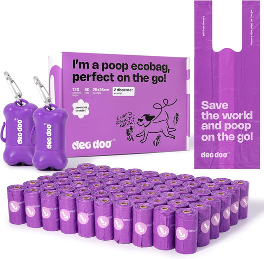Dog Poop Bags with Handles 60 Rolls 720 Counts Big Sizes Leak Proof and Extra Thick Waste Bags Refill Rolls for Walking Small Medium Large Dogs Cats Litter with 2 Dispensers Lavender Scented