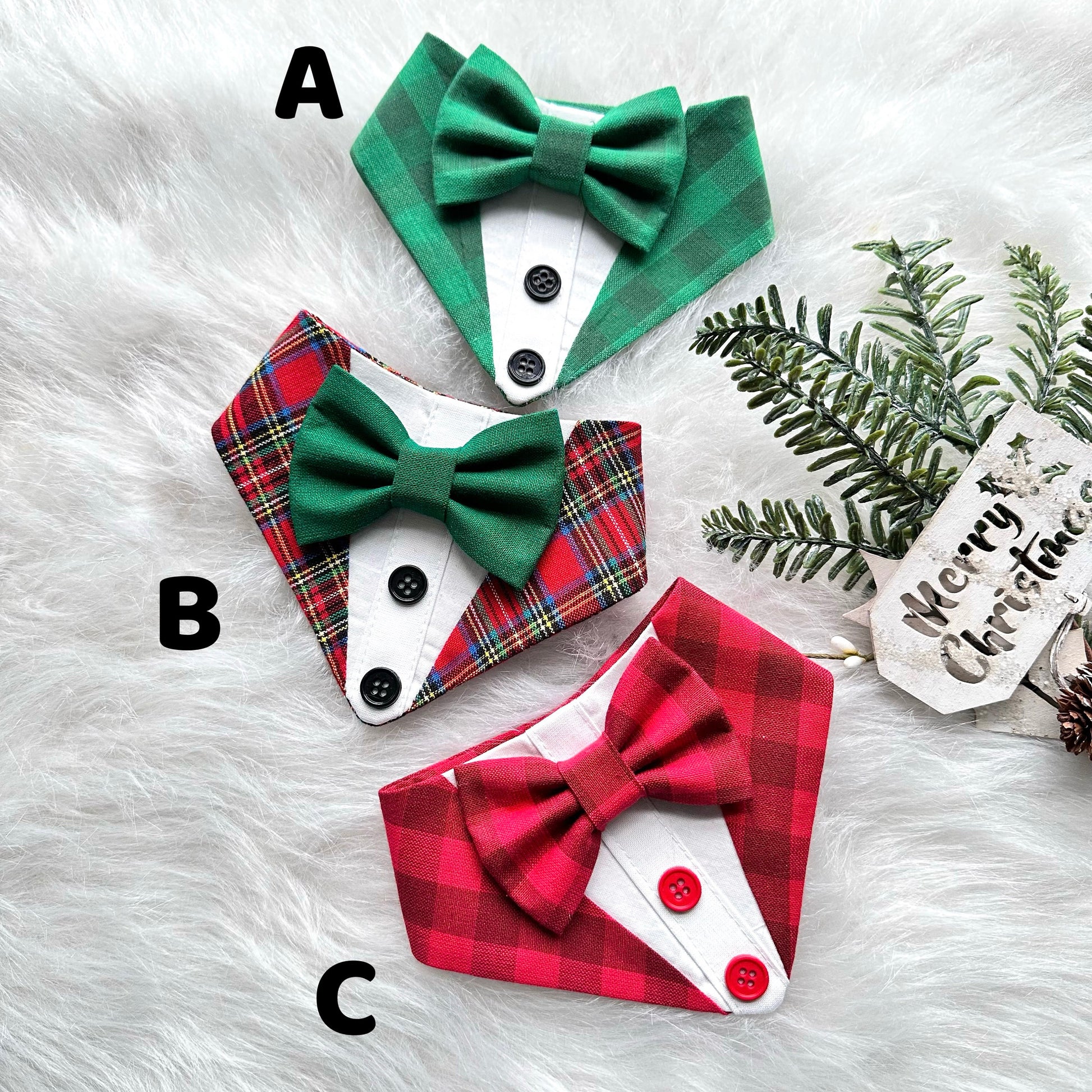 Tuxedo Dog Bandana, Christmas Bandana with Bowtie, Velvet Bowtie, Dog Bandana with Snaps, Pet Scarf Gift,
